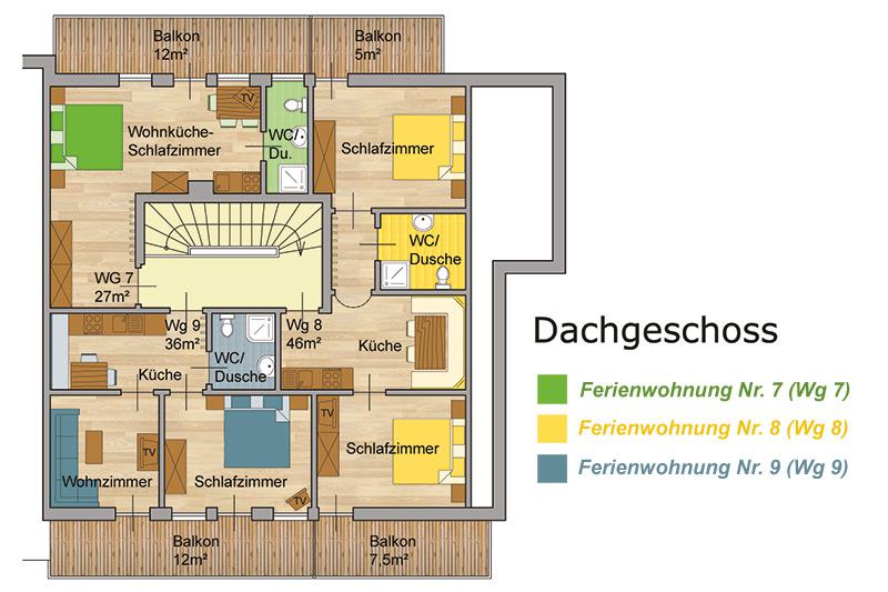 Skizze Ferienwohnung 7, 8 & 9 im zweiten Stock Skizze Ferienwohnung 7, 8 & 9 im zweiten Stock