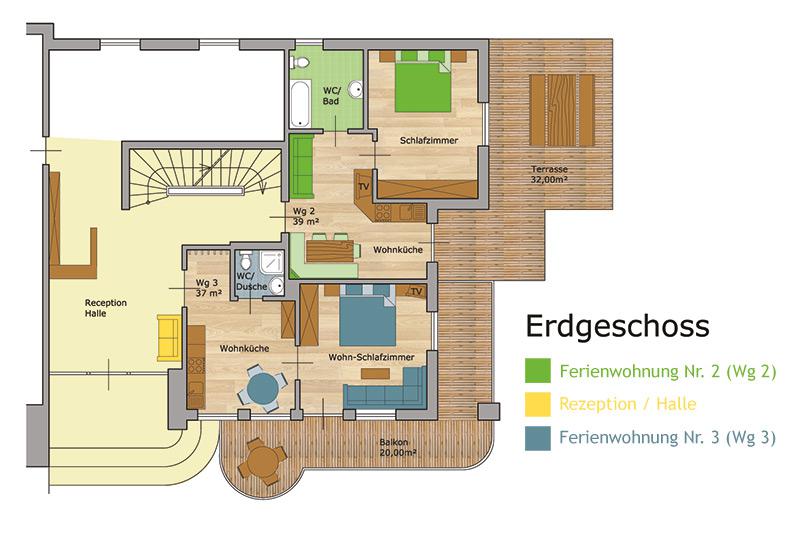 Skizze Ferienwohnung 2 & 3 im Erdgeschoss Skizze Ferienwohnung 2 & 3 im Erdgeschoss