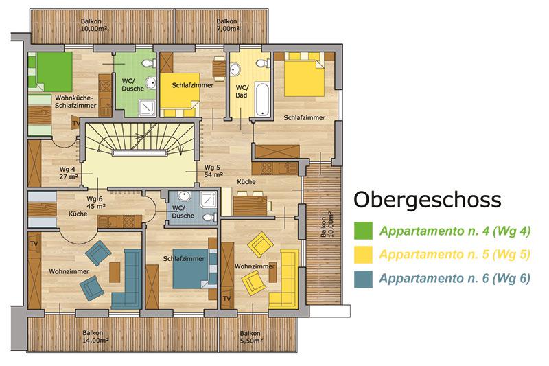 Skizze Ferienwohnung 4, 5 & 6 im ersten Stock Skizze Ferienwohnung 4, 5 & 6 im ersten Stock